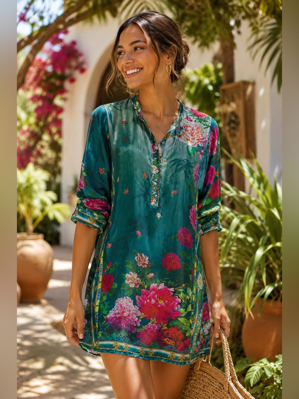 Johnny Was Heaven Long Floral Print Silk Tunic